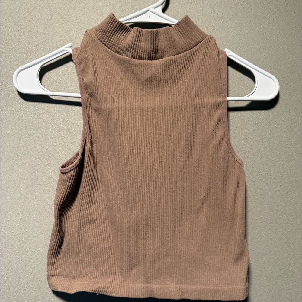 Free People Sleeveless Tan Ribbed Mock Neck Top